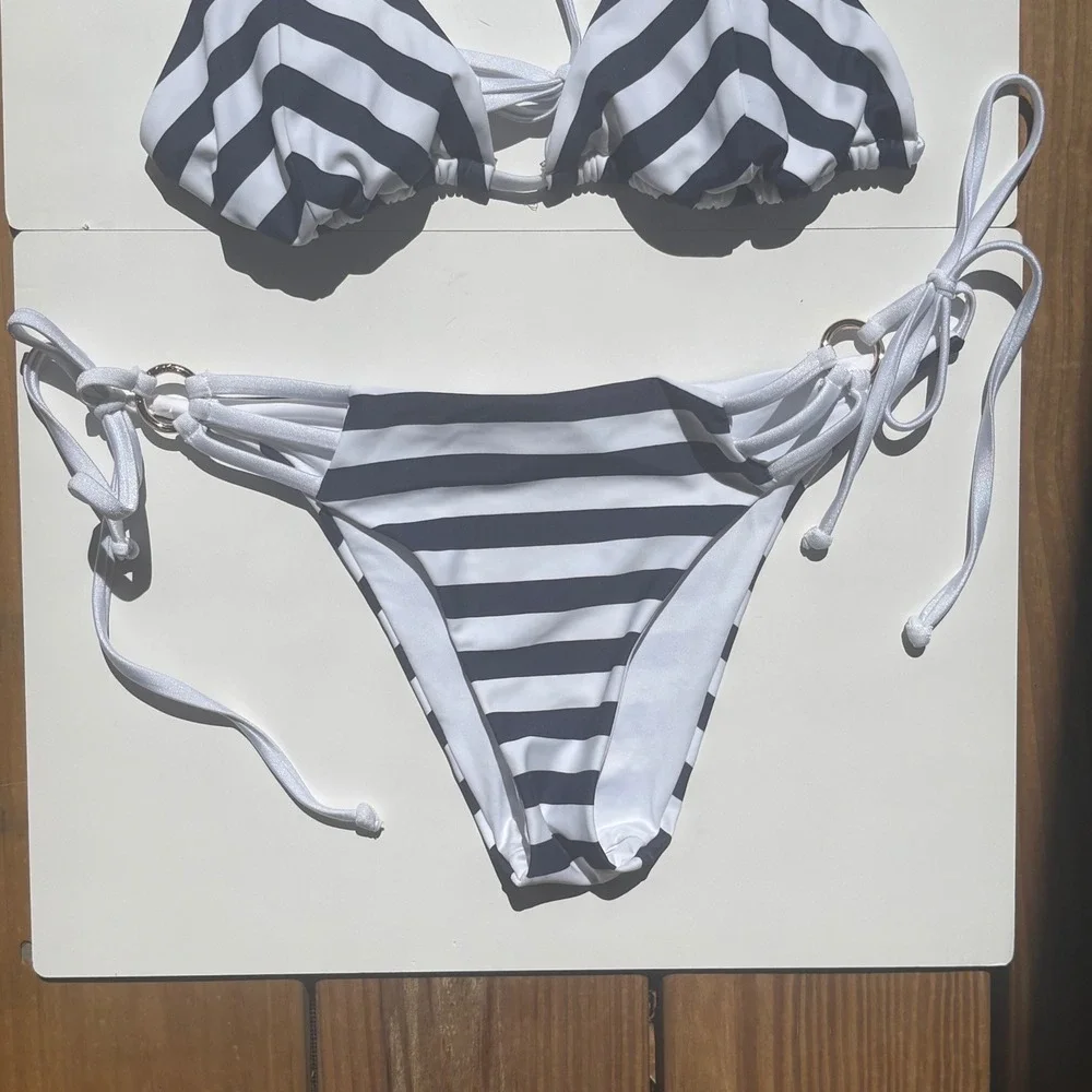 RELLECIGA Womens Striped Triangle Bikini Set Navy Blue White Size Small